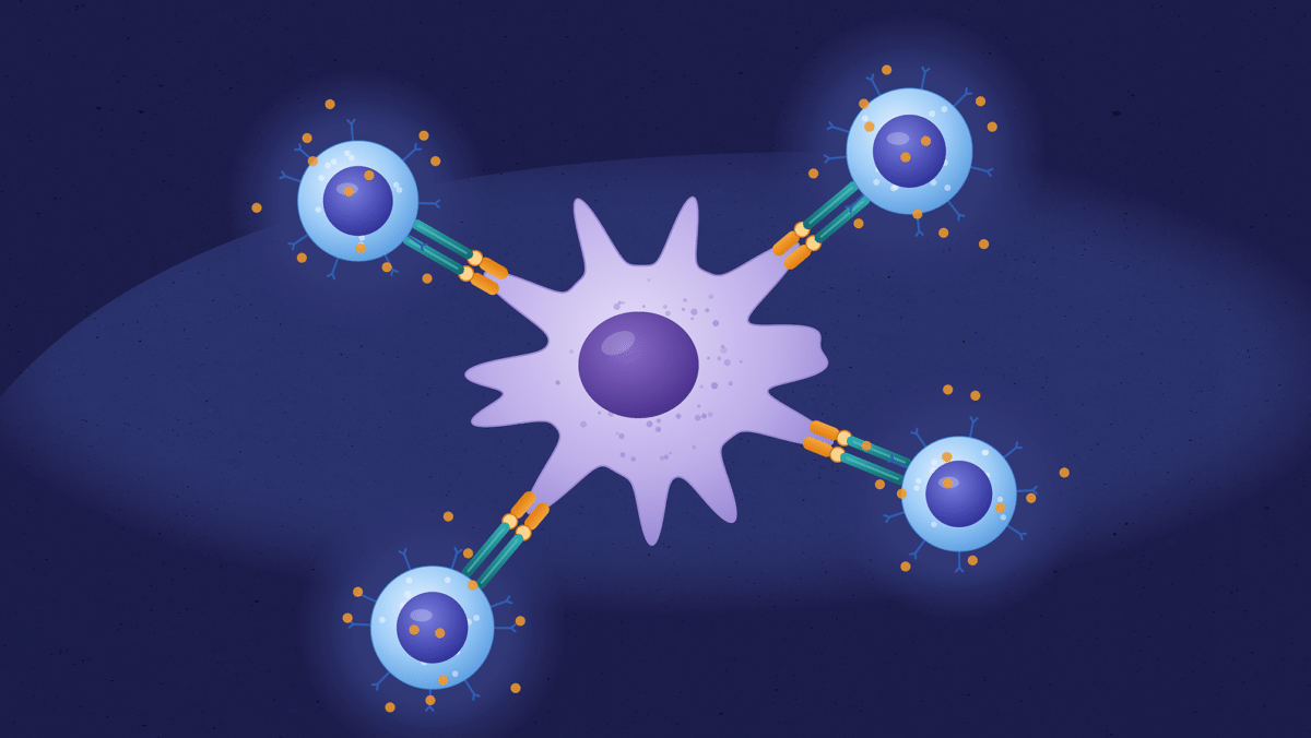 Illustration of a dendritic cell at the center, connected to four surrounding T cells as it passes along instructions.